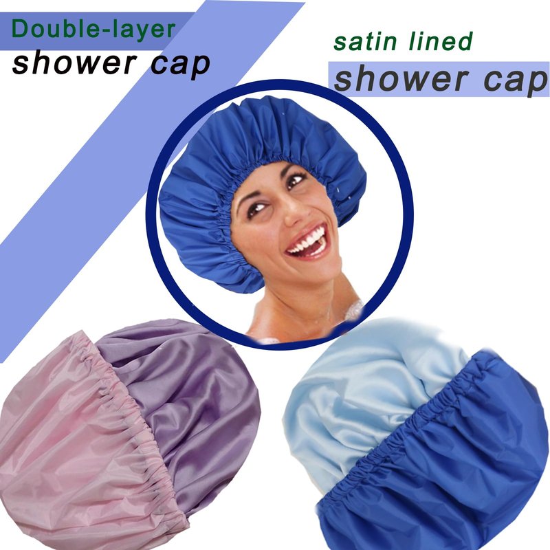 2Pcs Shower Cap with Satin Interior+Packing Bag+Scrunchy Reusable Large Bath Cap Waterproof for All Length Hair, Adjustable Double Layers Cap for Women Shower Spa Travel Non-Slip Elastic Band