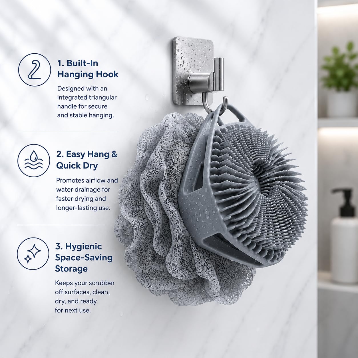 2-in-1 Silicone Body Scrubber & Mesh Loofah Sponge – Exfoliating Silicone Shower Scrubber with Soft Loofa Puff, Silicone Bristles, Non-Slip Grip, Quick Dry, Hygienic Body Scrubber for Women & Men