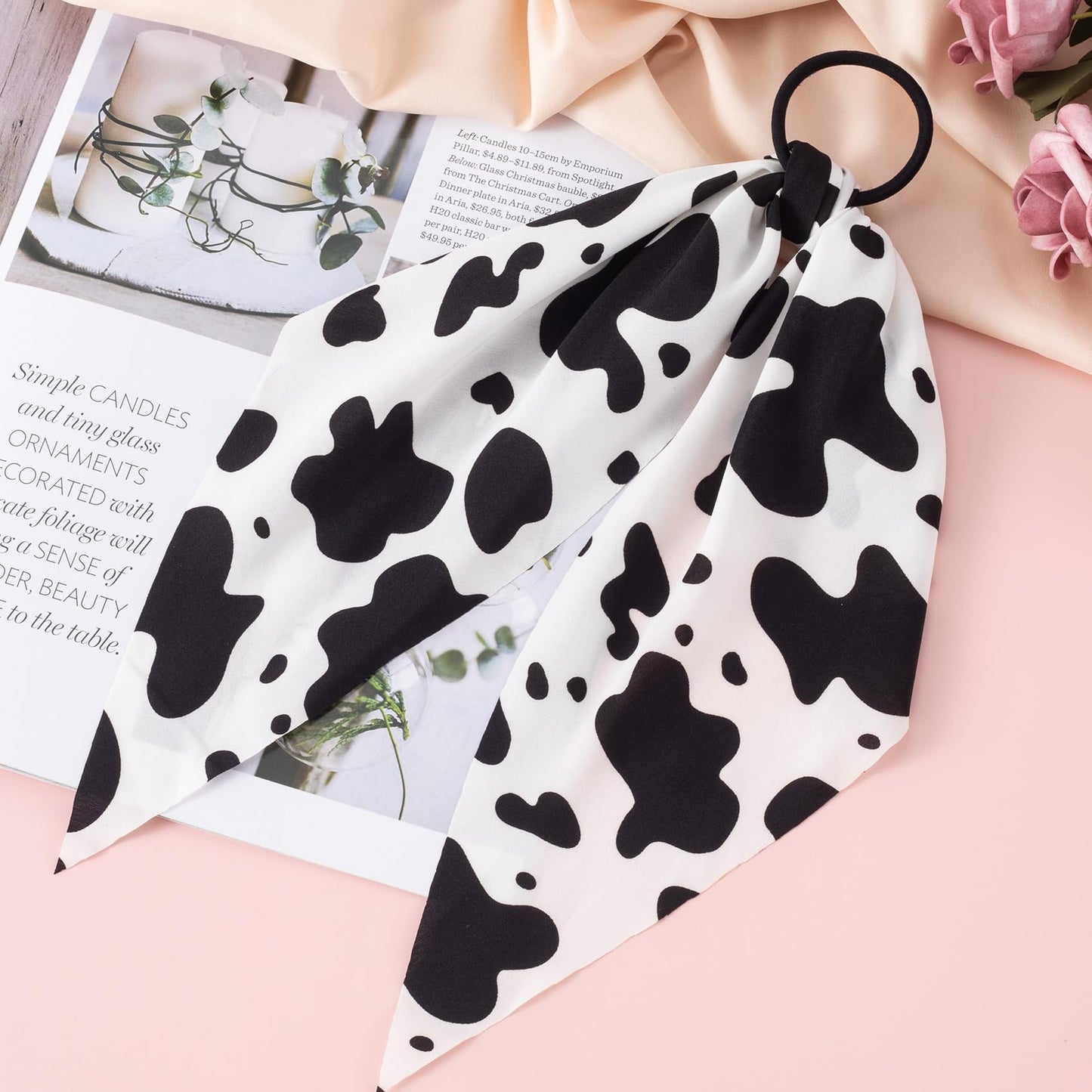 SmallCat 2pcs Cow Print Hair Bands for Women, Non-Slip Rabbit Bunny Ear Bow Hair Tie Ropes Scrunchies, Elastic Bowknot Ponytail Holder Hair Bandana Accessories for Curly Straight Thin Thick Fine Hair