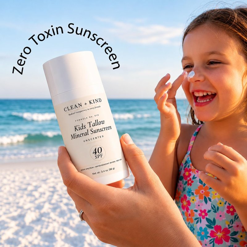 Clean + Kind Kids Sunscreen Mineral SPF 40 — Non Toxic Baby & Toddler Sunblock with Non-Nano Zinc Oxide, Grass-Fed Tallow, Natural Reef-Safe Sun Lotion, No White Cast for Sensitive Skin (3.4 oz)