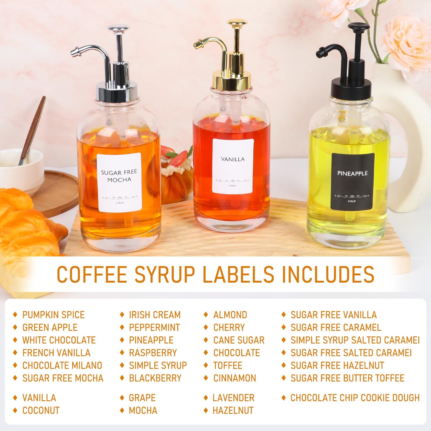Coffee Syrup Dispenser 16.9 Oz 2 Pack, 500ml Glass Bottle with Black Plastic Pump for Coffee Bar, Includes 36 Stickers & Marker - Reusable Syrup Bottles