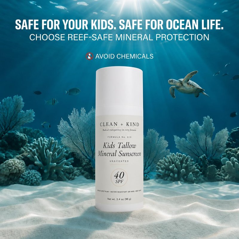 Clean + Kind Kids Sunscreen Mineral SPF 40 — Non Toxic Baby & Toddler Sunblock with Non-Nano Zinc Oxide, Grass-Fed Tallow, Natural Reef-Safe Sun Lotion, No White Cast for Sensitive Skin (3.4 oz)