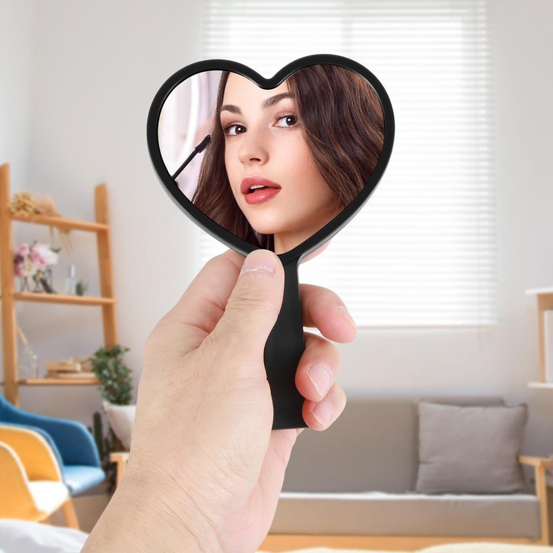 Bremorou Heart Shaped Handheld Mirror with Handle Black Drop-Resistant Small Heart Mirrors Cute Portable Travel Makeup Hand Mirrors Mini Hearts Cosmetic Lash Mirror for Women Girls (Black)