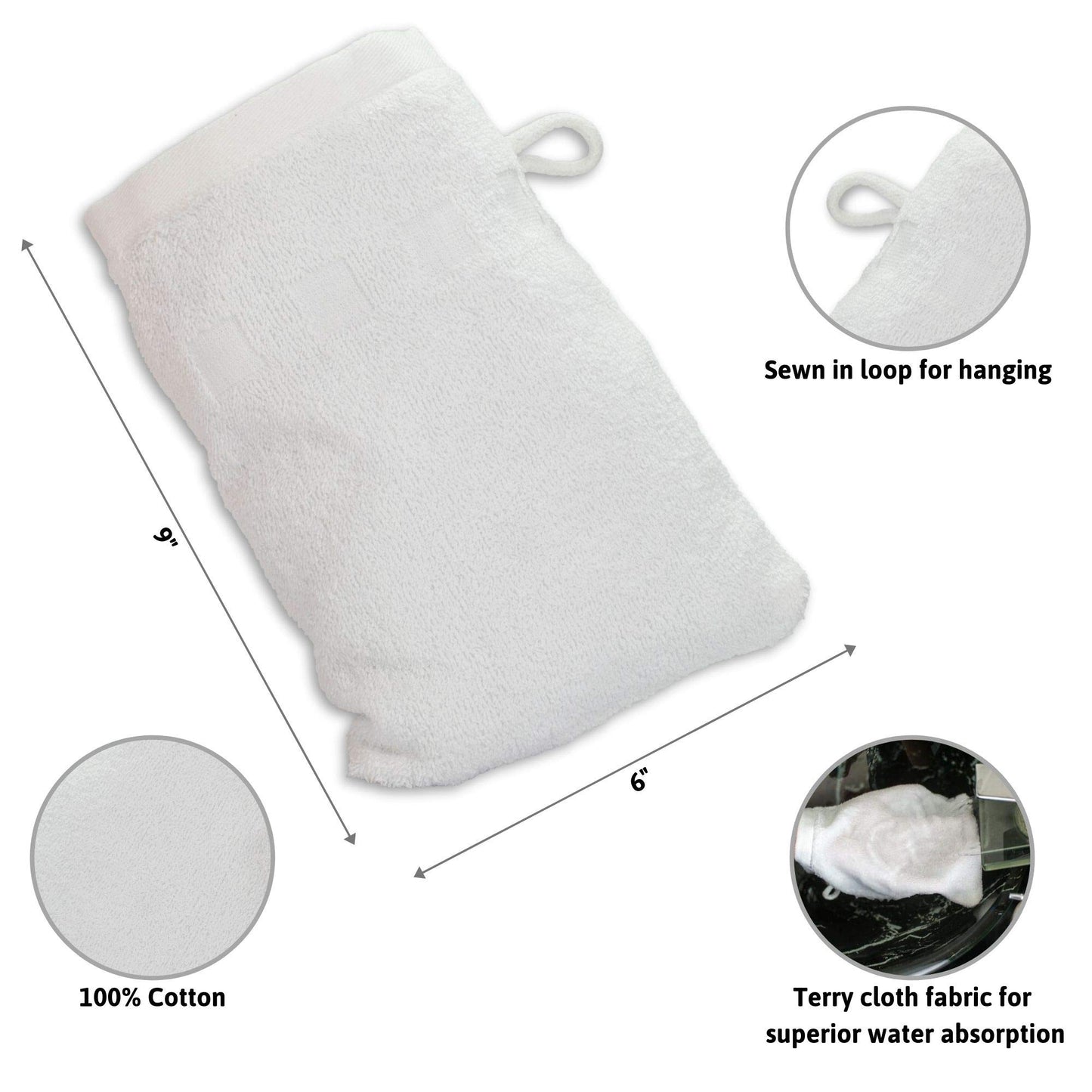 Made Easy Kit Bath Mitts - Pack of 6 - (6" x 9") European Style Washcloth with Loop (White, 6 x 9 inches)