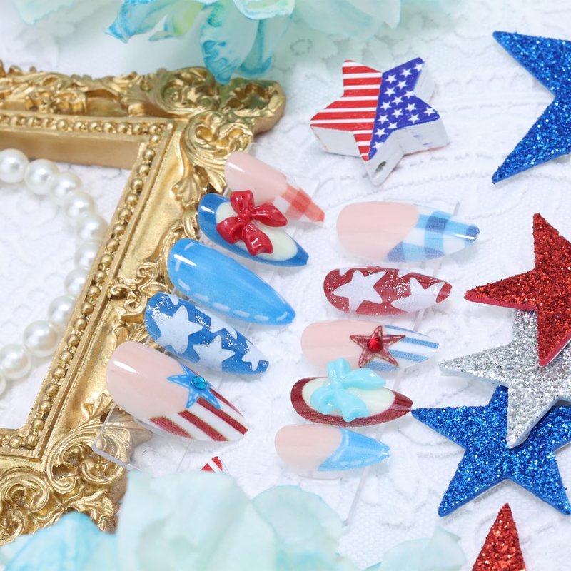 30Pcs French Tip Press on Nails Medium Almond 4th of July Fake Nails with Star & Bow Designs Red White Blue Independence Day Glue on Nails Reusable Acrylic False Nails for Women Patriotic Holiday Nail