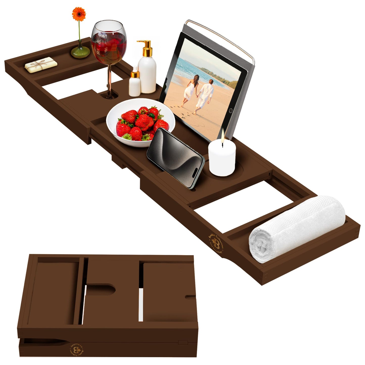 Bambüsi Bathtub Tray for Tub - Brown Bamboo Bath Tray, Expandable Wooden Bath Caddy Tray with Wine Holder, Book and Tablet Stand, Bathroom Accessories, Tub Table, Spa Bath Gifts for Women and Couples