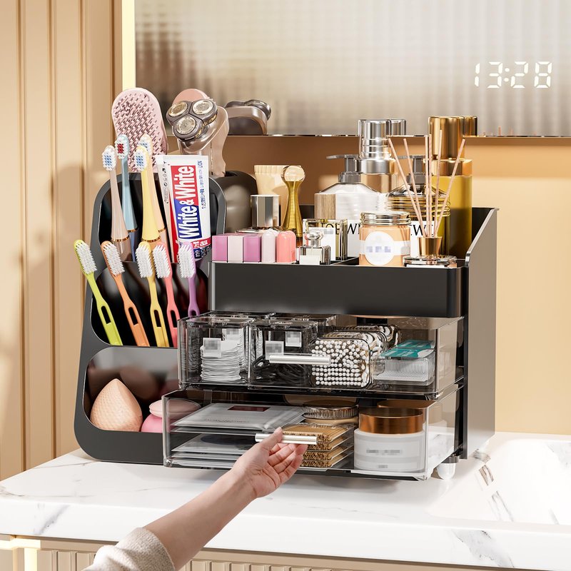 Makeup Organizer with Drawers for Vanity Bathroom Counter Organizers and Storage, Large Skincare Organizer with Brush Toothbrush Holder for Perfume, Nail Polish, Dresser, Office Supplies, Black