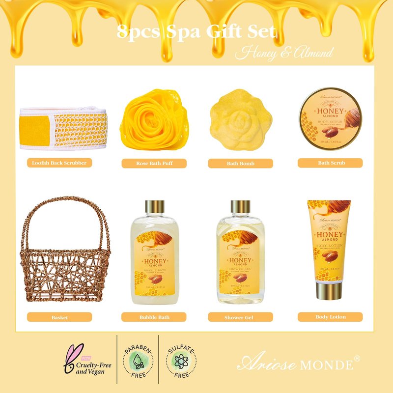 Mothers Day Birthday Spa Gifts for Women, 8pcs Honey Almond Bath Gift Set for Women, Relaxation Self Care Spa Kit W/Bath Bomb, Bubble Bath, Mom Sister Female Christmas Thank You Gifts