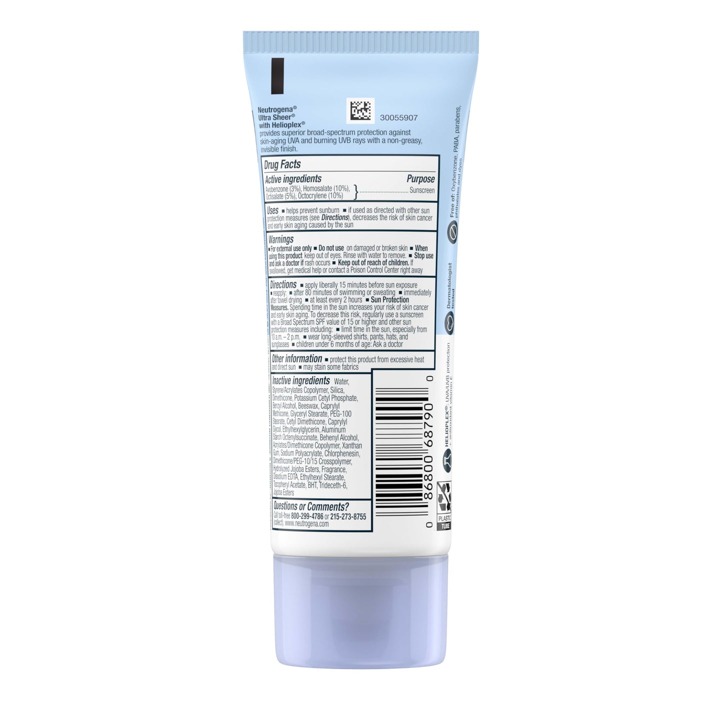 Neutrogena Ultra Sheer Dry-Touch Sunscreen SPF 55 for Face & Body, Lightweight Non Greasy Broad Spectrum UVA/UVB Protection, No White Cast, Water Resistant (80 Min) Travel Sunscreen Lotion, 3 fl oz