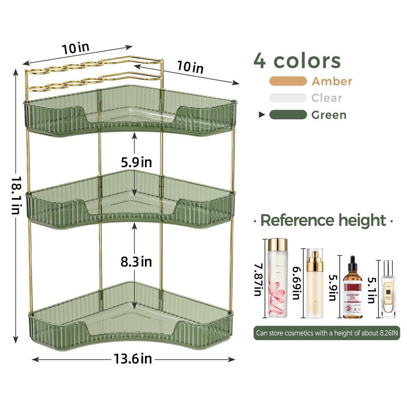 BEFSOP Corner Bathroom Counter Organizer, Upgraded 3-Tier Makeup Organizer Countertop with Makeup Brush Holder, Skincare Exquisite Vanity Organizers Countertop Bathroom Storage Dresser(Green)