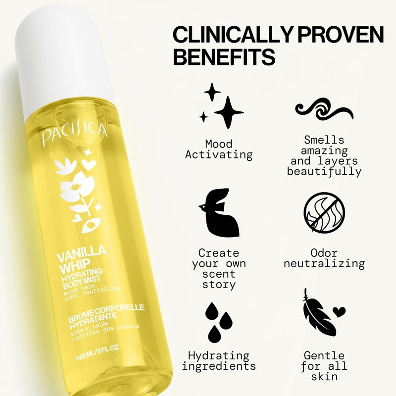 Pacifica Vanilla Whip Body Mist for Women; Sweet Gourmand Hair and Body Fragrance Spray | Warm Sugar Almond Scent, Odor Neutralizing, Skin Hydrating | Clean Botanical Mist | Vegan, Phthalate-Free 5oz