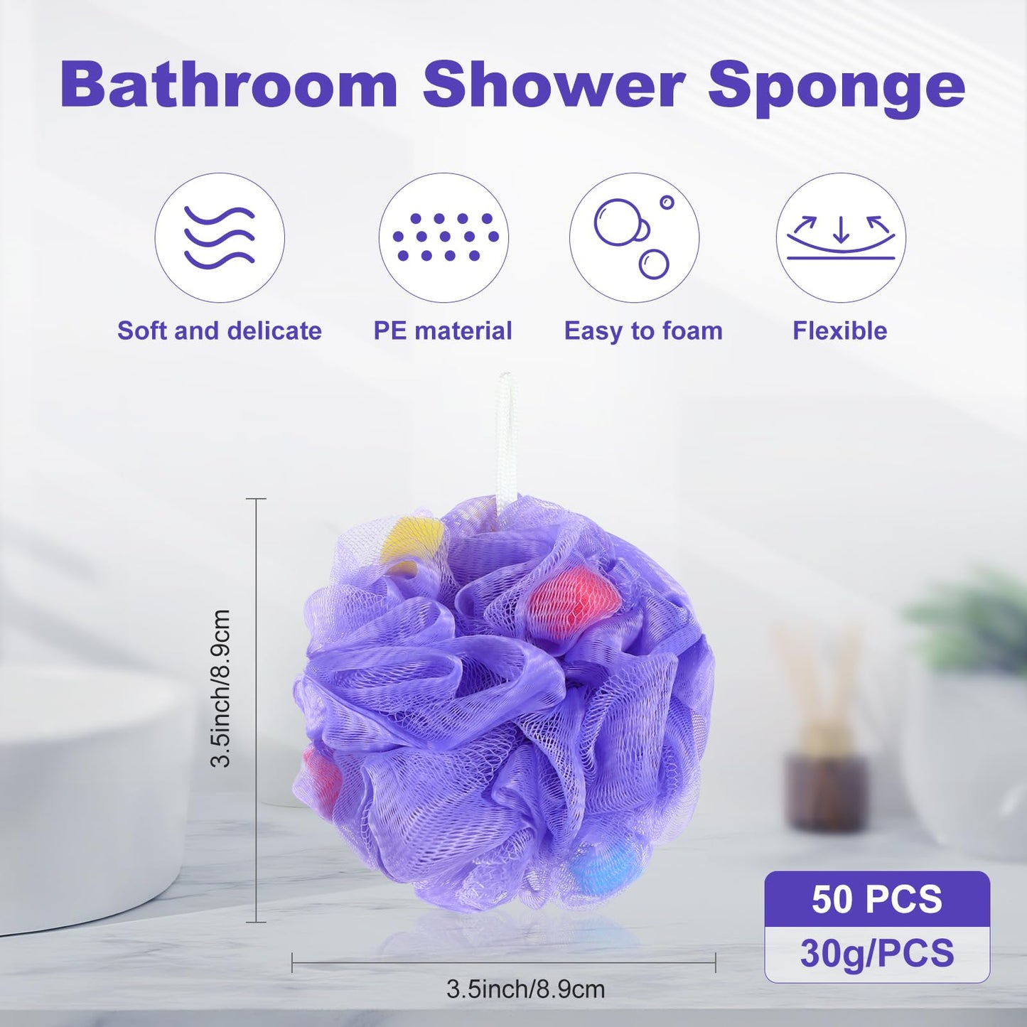 CHENGU 50 Pack Loofah Sponge Bath Sponge Shower Loofah Mesh Shower Ball Bath Pouf Wash Body Puff for Women Men, 30 g (Multicolor,Stylish)
