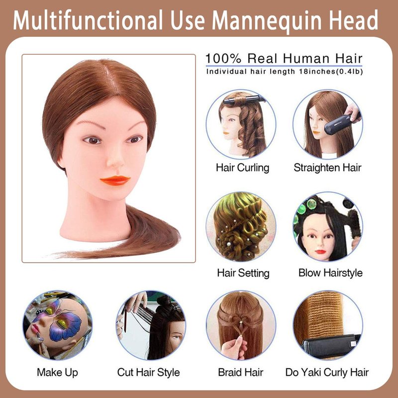Mannequin Head with 100% Human Hair, TopDirect Real Hair Cosmetology Mannequin Head Hair Styling Hairdressing Practice Training Doll Head with Clamp Holder and Tools (Dark Brown)