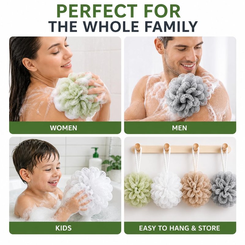 ADFOS Bath Sponge Loofah Pack of 4 Extra Large 60g Mesh Shower Pouf Set, Soft Exfoliating Body Scrubber, Rich Lather for Women & Men, Quick Dry Shower Accessories, PE Material
