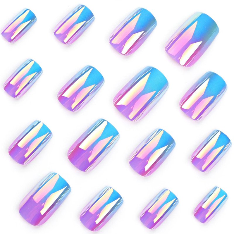 Chrome Press on Nails Medium Square SWEKKE Fake Nails Full Cover Blue White Pink Gradient Flash False Nails with Designs Glossy Glue on Nails Acrylic Nails Artificial Nails for Women Girls 24Pcs