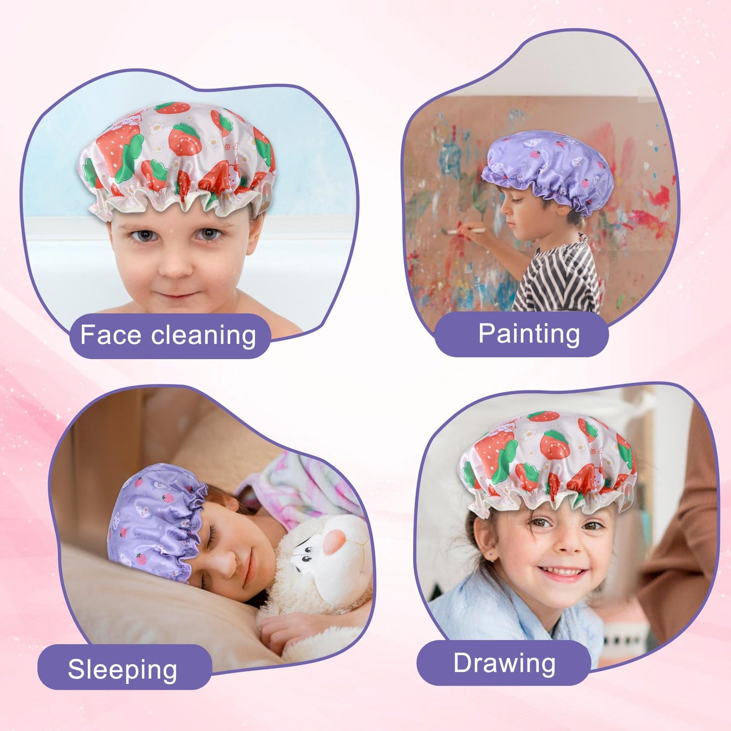 TIESOME Kids Shower Caps, 2 PCS Yellow & Purple Waterproof Double Layers Shower Caps Cute Rabbit Bonnets Elastic Band Bonnet Satin and Eva Soft Kids Sleeping Cap Reusable Shower Cap for Kids