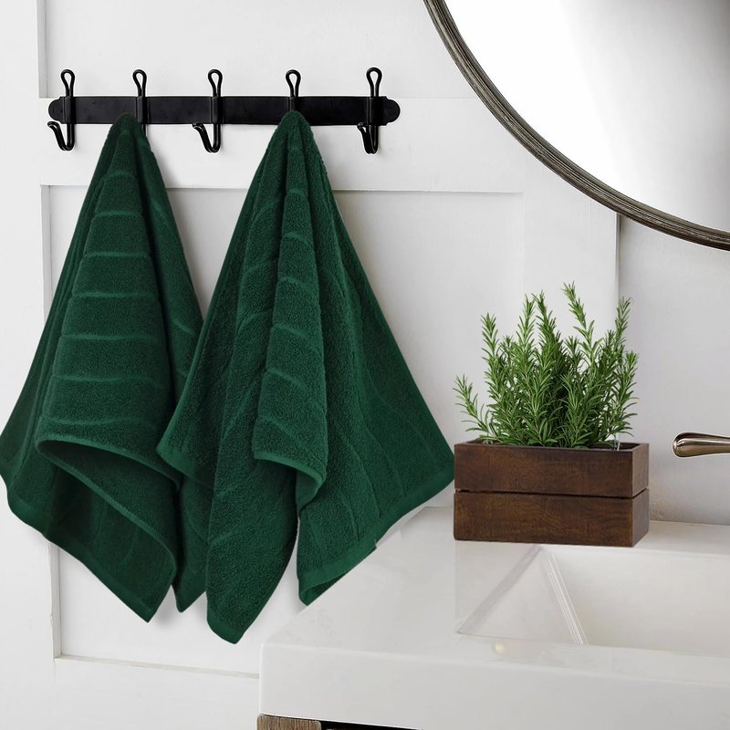 Jacquotha 2-Piece Hand Towels Set in Forest Green, Wavy Striped Jacquard Towels for Bathroom Kitchen (13x29 Inches, 100% Cotton)