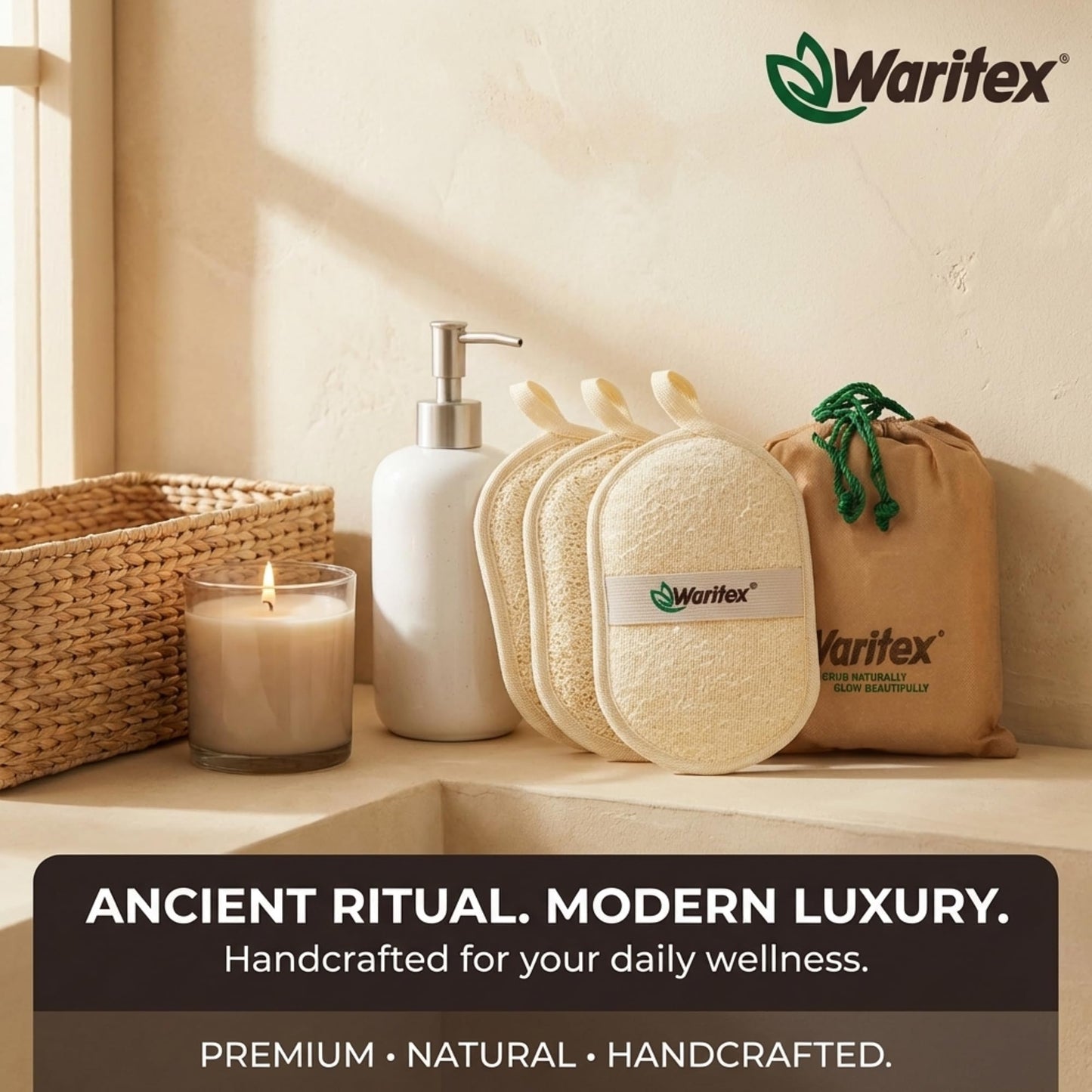 Waritex Egyptian Loofah Oval Exfoliating Body Scrubbers [3 Pack] - Loofah Shower Pads with Hand Strap for Gentle Skin Exfoliation, Smooth & Refreshing Skin, Face and Body