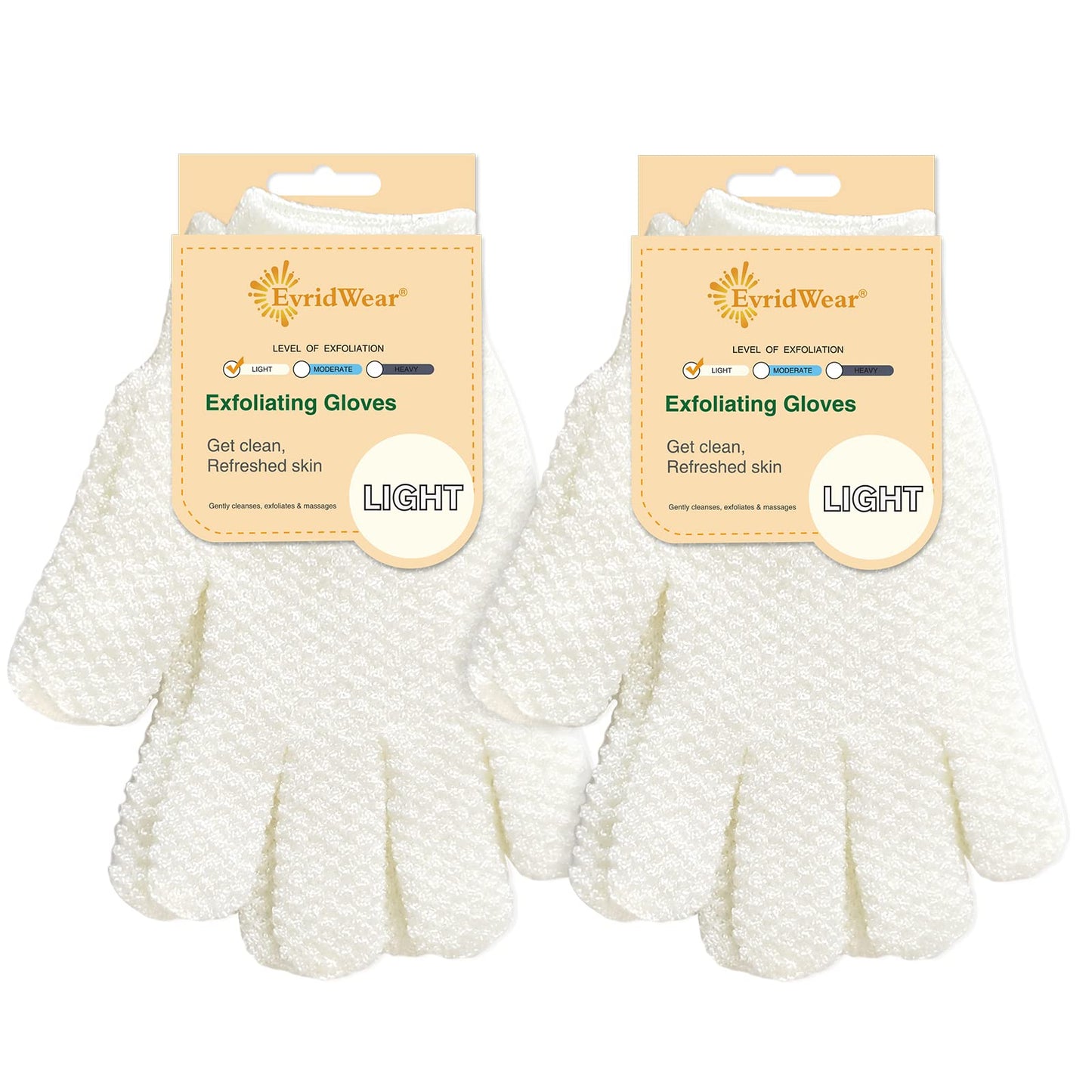 Evridwear Exfoliating Dual Texture Bath Gloves for Shower, Spa, Massage and Body Scrubs, Dead Skin Cell Remover, Gloves with Hanging Loop (2 Pairs Light)