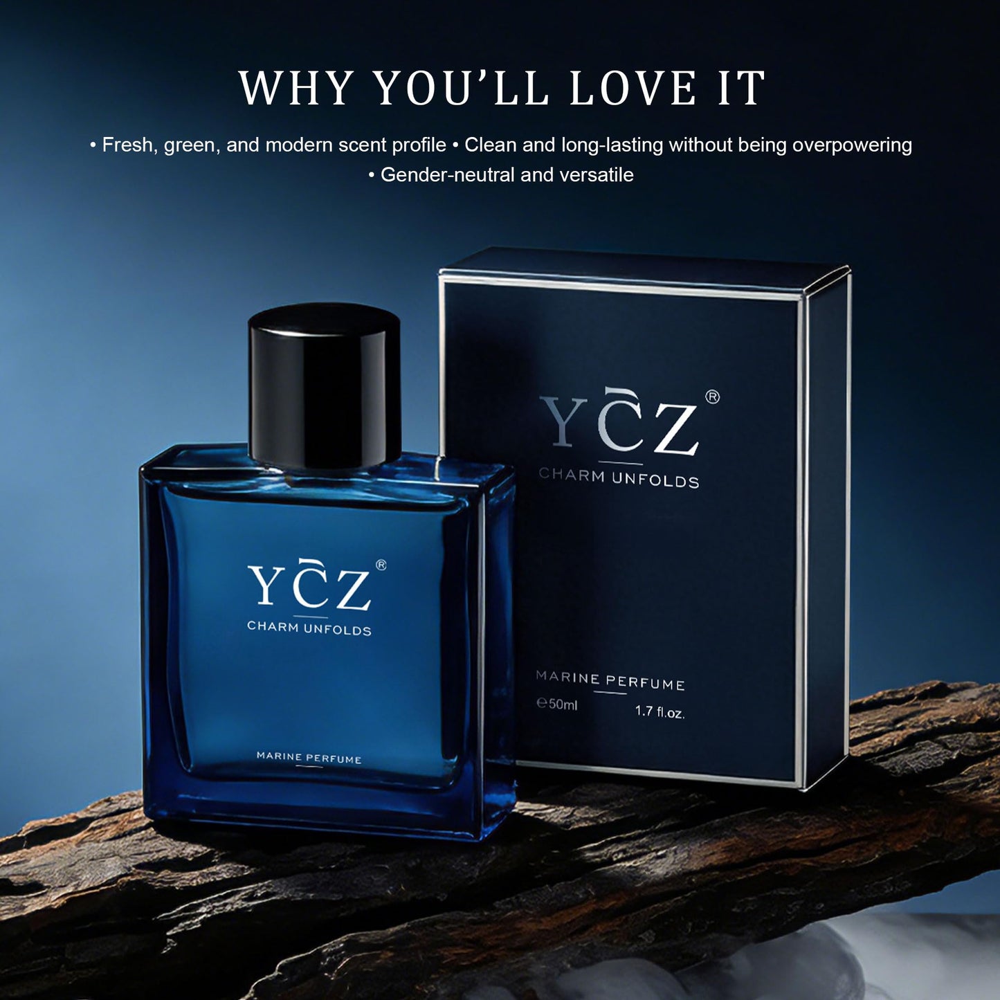 Ycz Charm Unfolds Marine Perfume for Men, 1.7 oz. Long Lasting Eau De Parfum Cologne For Men, Oriental Woody Fragrance - Ideal Special Occasions, Making it the Ideal gentlemen’s Gift