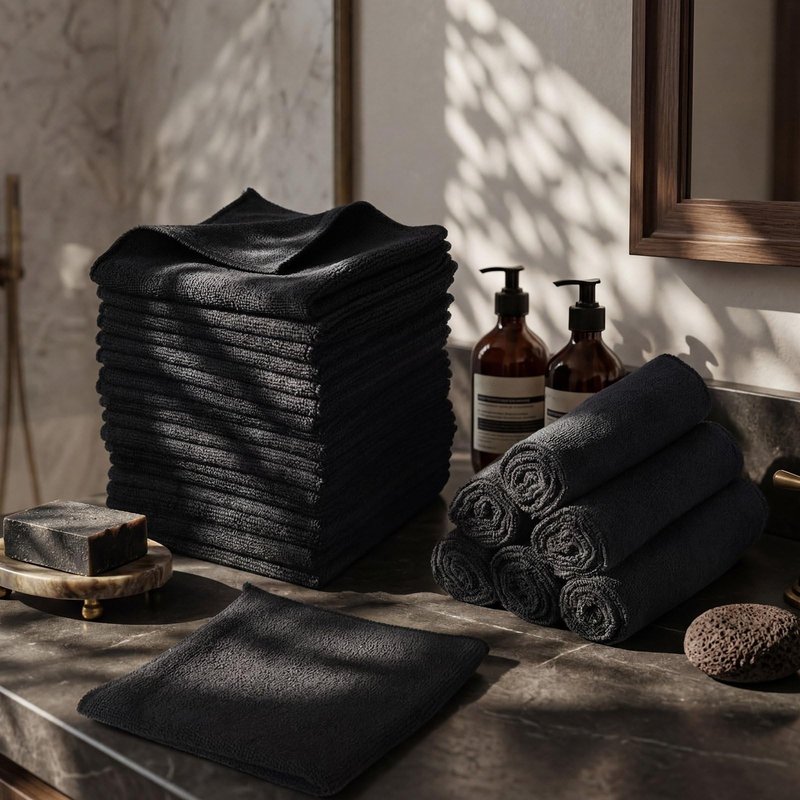 Newwiee 40 Pcs Wash Cloth Bulk Cotton Bath Hand Face Washcloths Soft Quick Drying Towel for Women Bathroom Washing Body Viscose Fiber Multipurpose Fingertip Rags (12 x 12 Inch,Black)