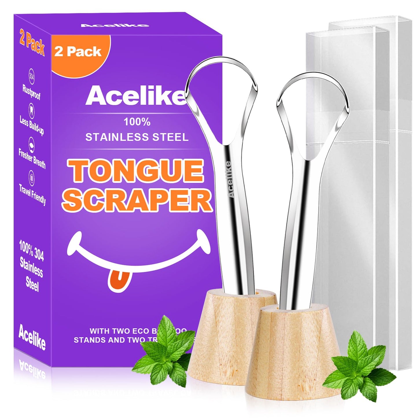 Tongue Scraper for Adults (2 Pack), 2 Bamboo Holder and 2 Travel Case, 100% Stainless Steel Tongue Scraper, Reducing Bad Breath, Tongue Cleaner for Oral Care & Hygiene, Home and Travel Use