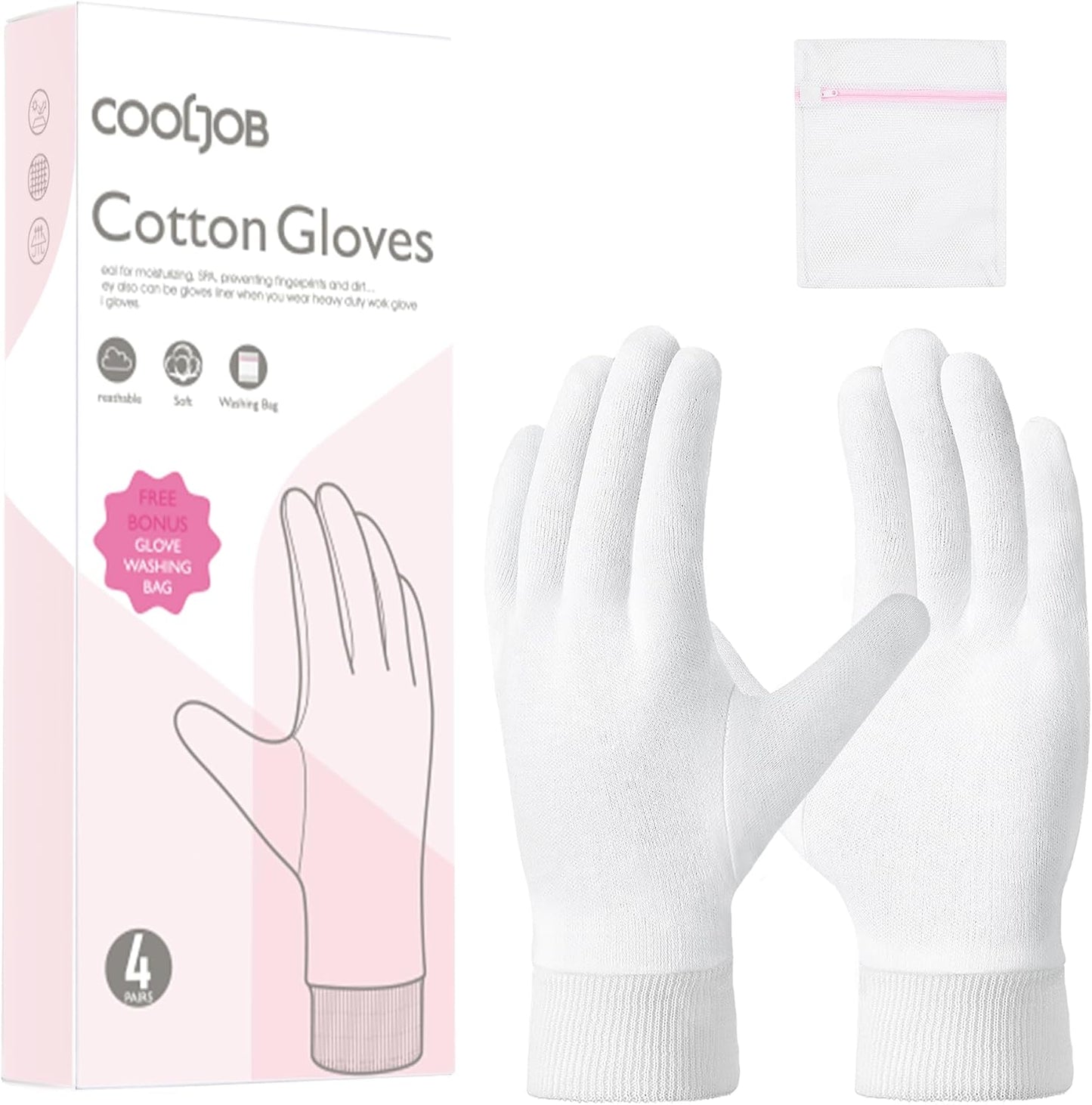 Soft Moisturizing Cotton Gloves Set - 4 Pairs for Dry Hands & Eczema | Overnight Lotion Spa Essentials, Small, White