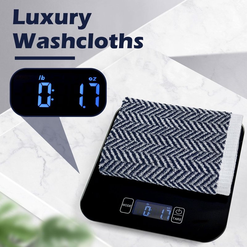 Cleanbear Wash Cloths for Showering with Striped Herringbone Patterns, 12 Cotton Washcloths for Bathroom, Large 13 X 13 Inches, Navy-Blue