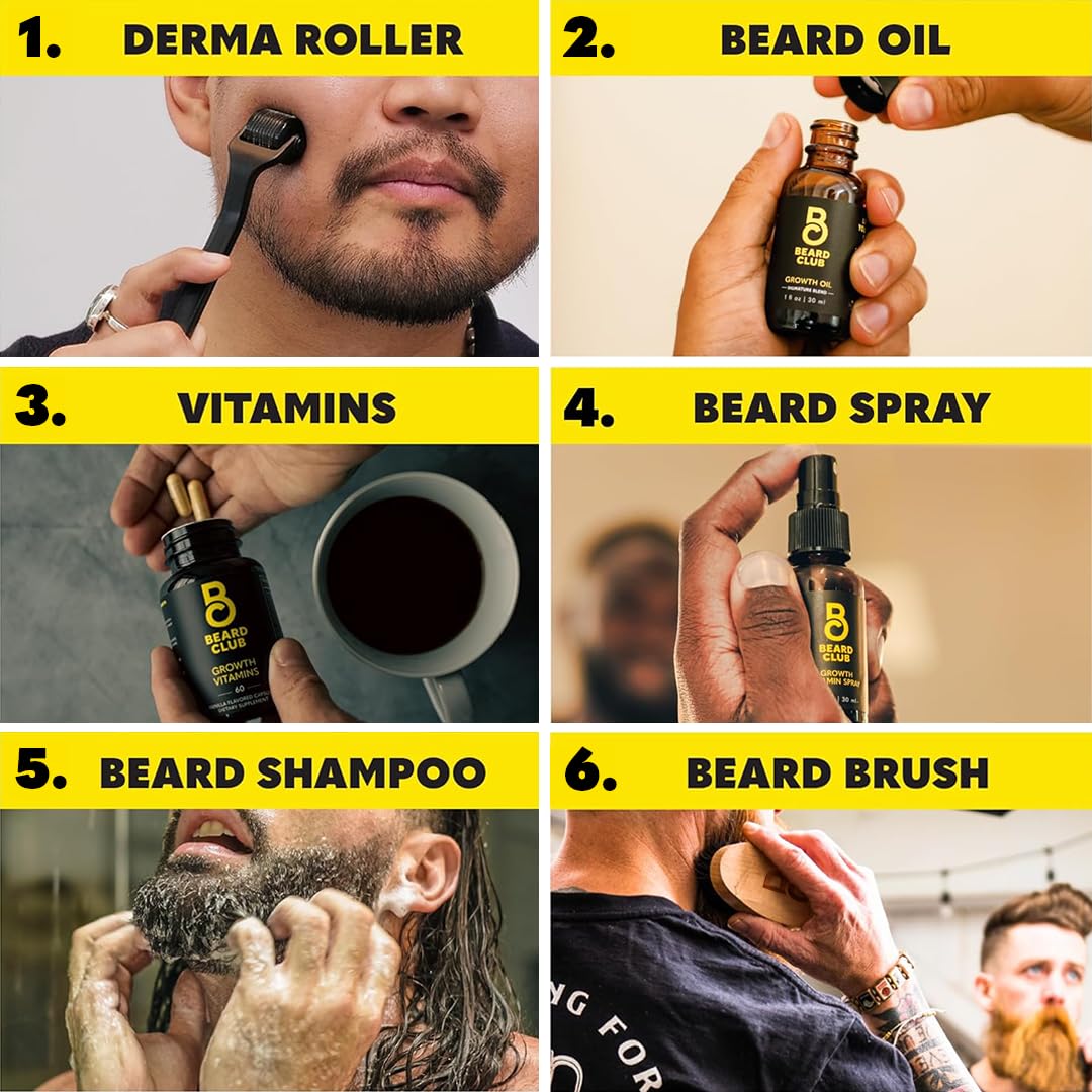 The Beard Club Advanced Beard Growth Kit | Derma Roller, Growth Oil & Vitamins - Cedar Gift Set