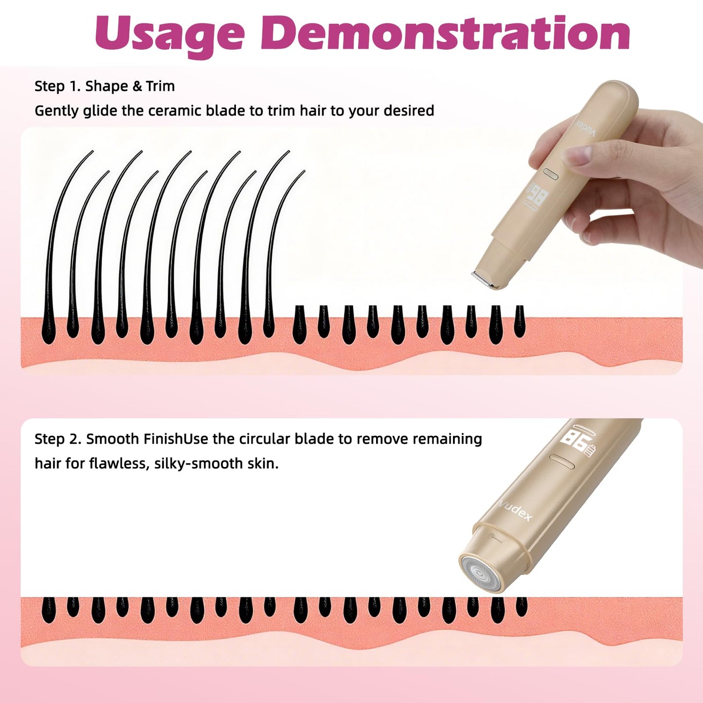 Bikini Trimmer for Women, Painless Electric Razor for Pubic Hair, Face, Legs, Underarms, IPX7 Waterproof Shaver with Ceramic Blades, USB Rechargeable, Portable for Travel, Gifts for Women (Gold)