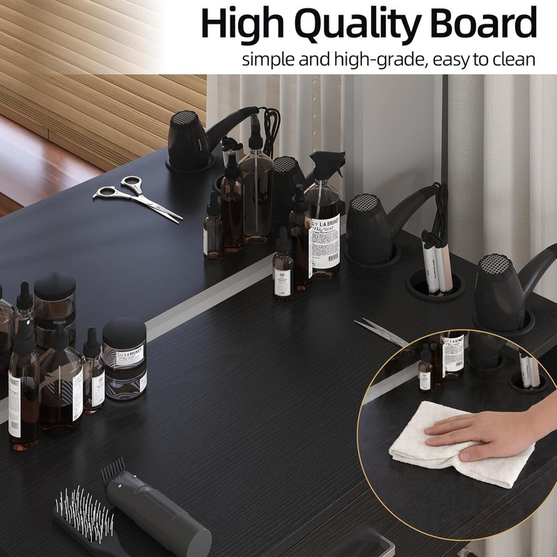 4ever2buy Wall Mount Salon Station, 36" Black Barber Station Organizer with Drawer and Shelves, Hair Salon Station with 3 Dryer Holders, Salon Station Wall Mount for Hair Stylist