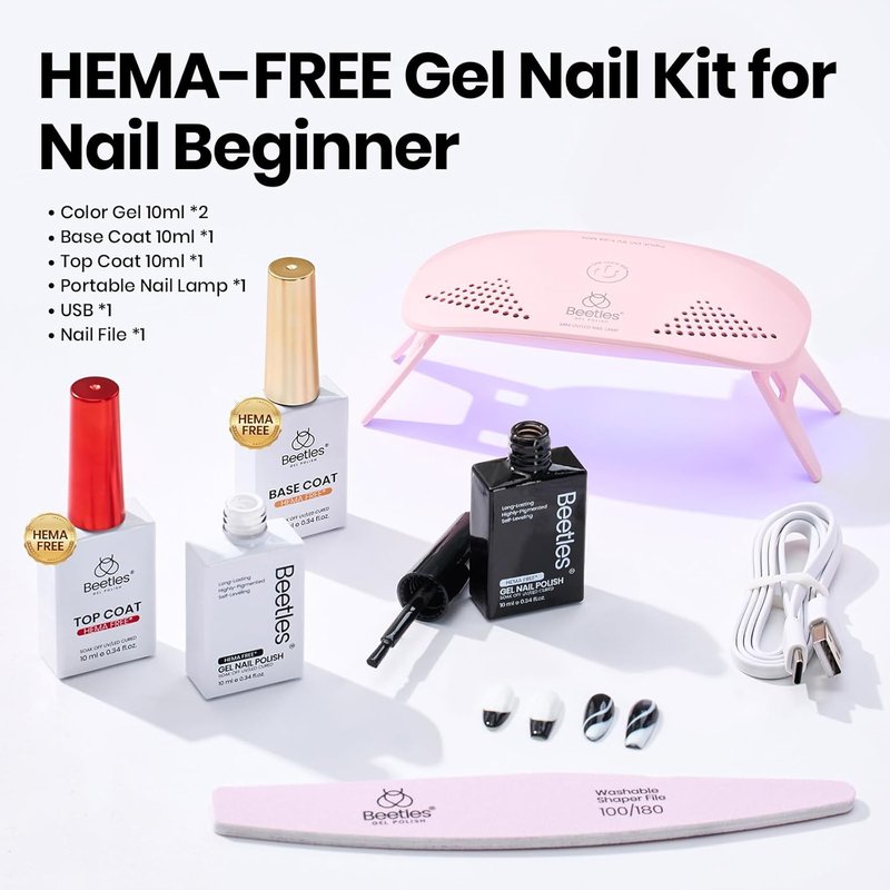 Beetles Gel Nail Kit - HEMA-Free 10ML White & Black Polish Set with UV Light | DIY Manicure Essentials