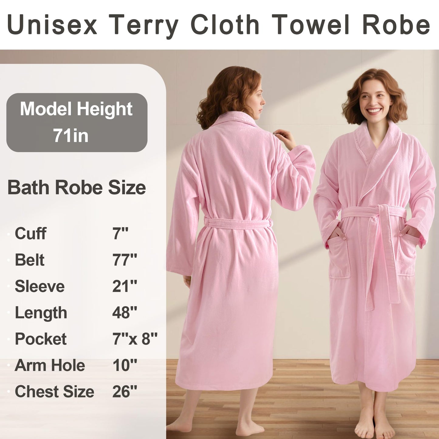 Women Bath Robe,Premium 100% Cotton Terry Shawl Collar Super Absorbent Bathrobe, Ideal Bathroom Robe,Pink