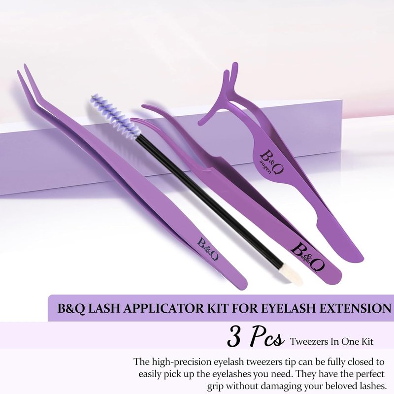 Eyelash Applicator Tool Kit - 3 PCS Lash Tweezers for Easy Eyelash Extensions | Purple