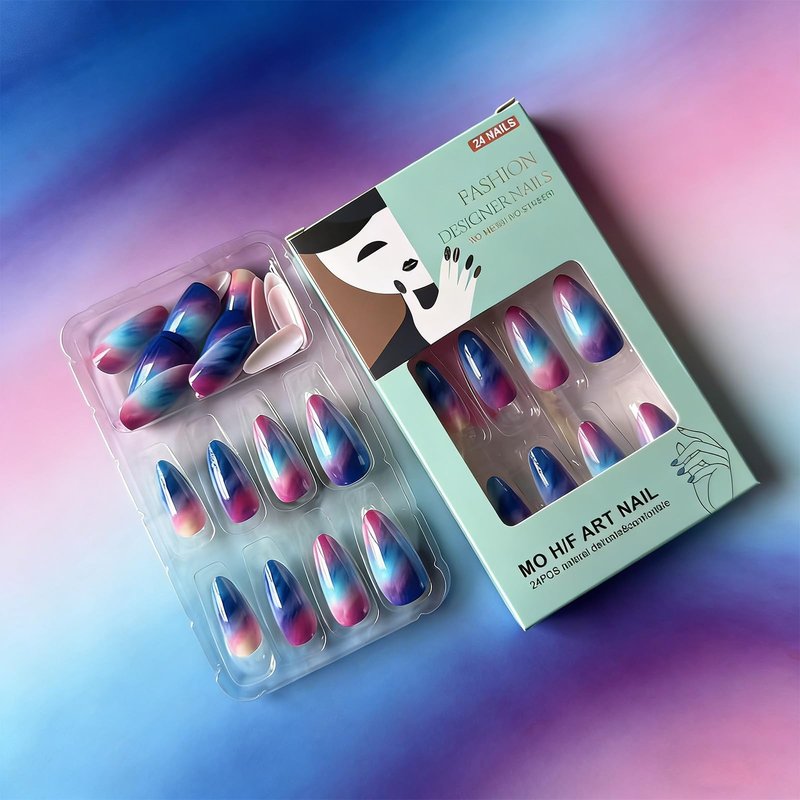 Colorful Gradient Press on Nails Medium Almond Fake Nails Summer Sunset False Nails Reusable Glossy Glue on Nail with Adhesive Stickers Full Cover Stick on Nail for Women 24Pcs