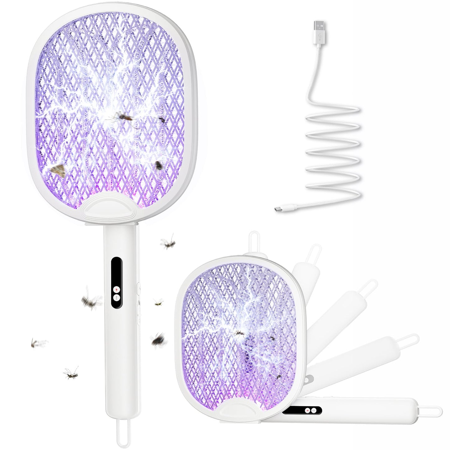 WOCVRYY Electric Fly Swatter 4000V Bug Zapper Racket with 1800mAh Rechargeable Battery 5-Layer Safety Mesh Dual Modes 180° Foldable Ideal for Indoor or Outdoor Use (White)