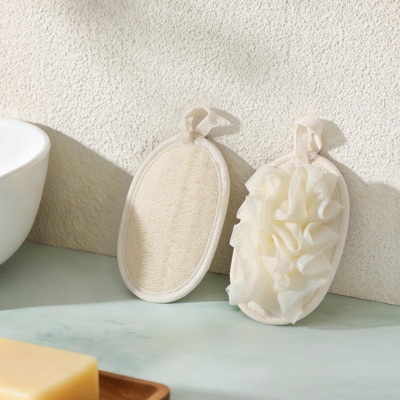 2 Pack Natural Loofah Exfoliating Body Scrubber, 2 en 1 Bath Shower Pouf Sponge for Women and Men, for Face and Body That Gets You Clean