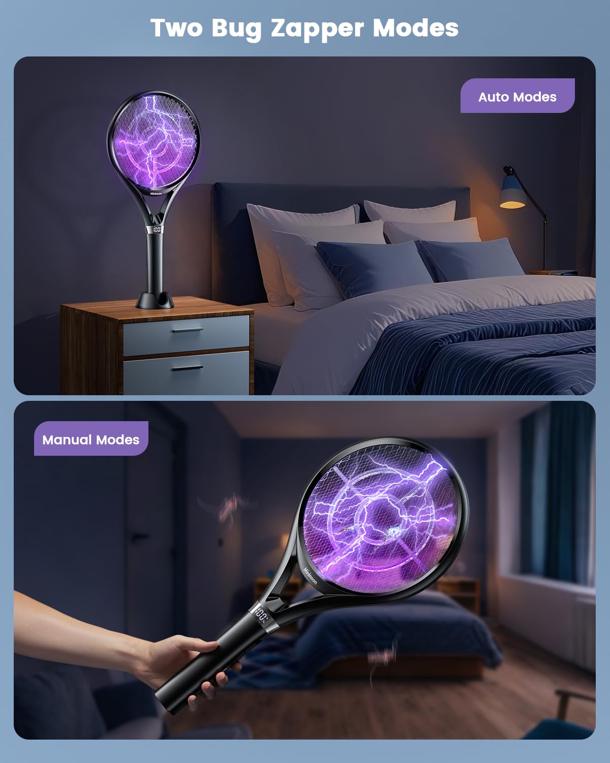 Minimoon Electric Fly Swatter with LED Display, 2000mAh Rechargeable Fly Swatter Racket, 2500V Bug Zapper Racket Dual Modes, Mosquito Killer Lamp with 3 Layers Safety Mesh for Indoor Outdoor Camping