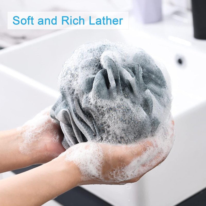 AmazerBath Exfoliating Loofah Sponge Set - 4 Bath Scrubbers in Grey, Blue, Pink & White - 60g Each