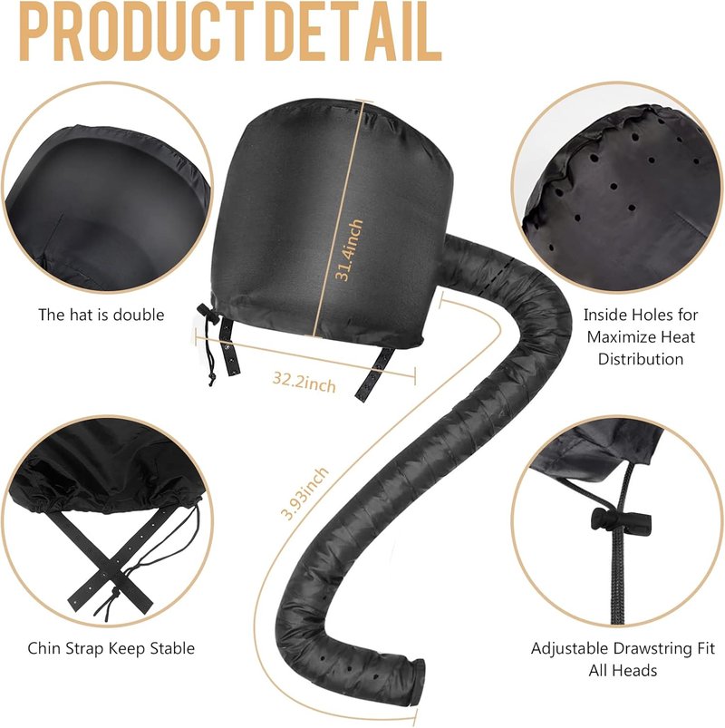 Bonnet Hood Hair Dryer Attachment - Elastic Strap for Hair Styling & Deep Conditioning | Black