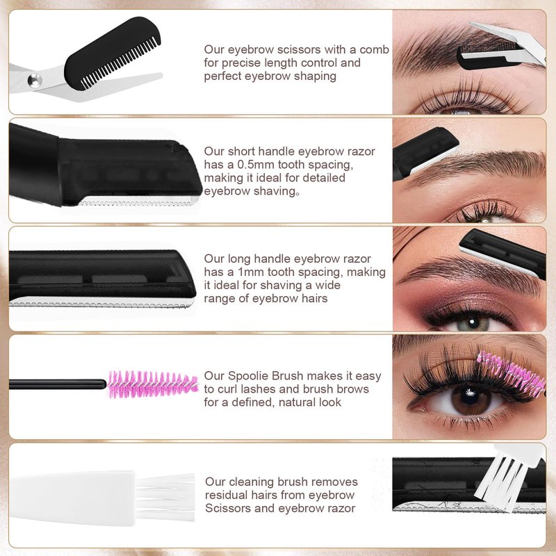 5 in 1 Eyebrow Trimming & Shaping Kit with Scissors, Razor, Spoolie & Cleaning Brush - Men/Women - Black