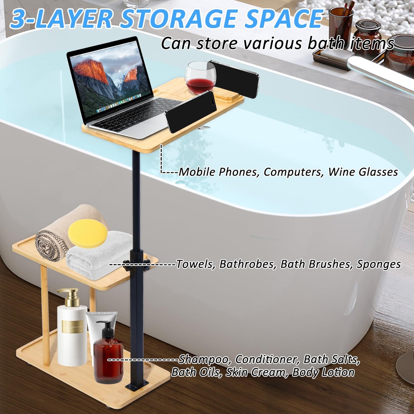 3 Layer Bath Tub Tray Table Liftable Freestanding Bamboo Bath Tray Caddy for Tub Against Wall Shelf Bathroom Organizer Shelf for Luxury Spa (Square)