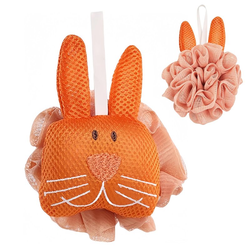 Kids Loofah, Cute Cartoon Animal Kids Bath Sponge with Hanging Rope, Soft Double Mesh for Rich Lather (Little Orange Rabbit)