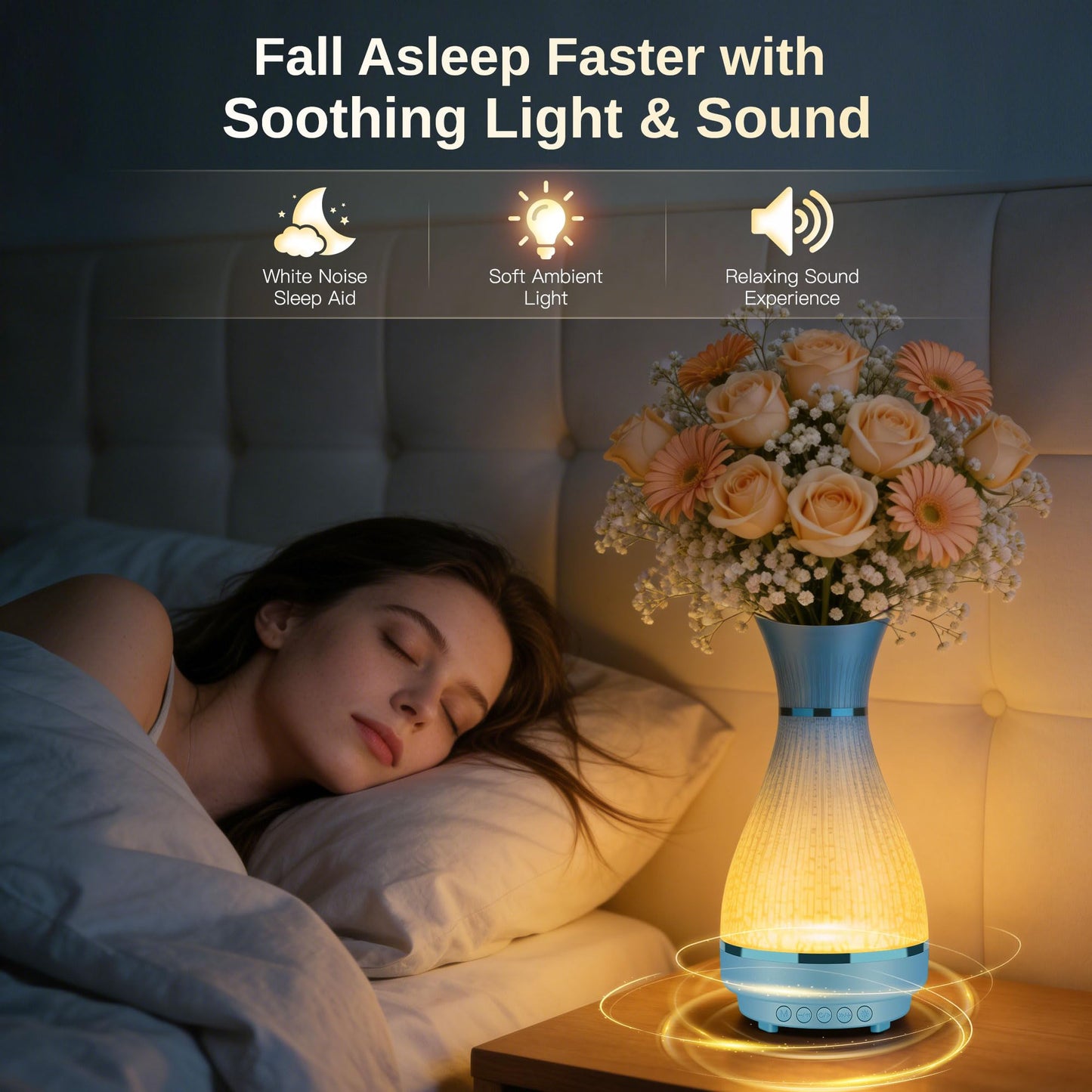 3-in-1 Vase Bluetooth Speaker With Ambient Light & White Noise, 8H Playtime, Water-Safe Flower Vase for Bedroom, Living Room Decor, Mother's Day,Birthday Gift for Women, Mom, Wife or Girlfriend