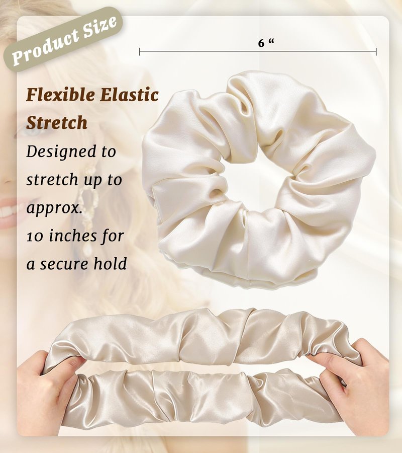 LUCKYOPERA 30 Momme 100% Mulberry Silk Scrunchies for Women and Girls, Oversized XL Hair Tie for Sleeping, Soft Smooth for No Damage Hair Care Sleeping (Beige)