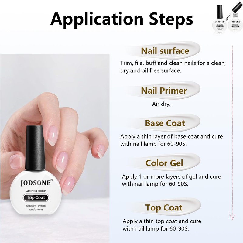 JODSONE 2Pcs 10ml No Wipe Gel Top Coat Clear Glossy Shine Finish Long Lasting No Soak Off Requires U V Lamp Curing Perfect for Salon and DIY Nail Art Design