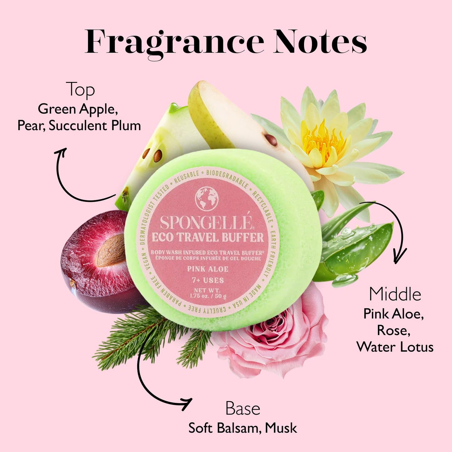 Spongelle Pink Aloe Eco Collection Travel Body Buffer Body Scrubber | Bath & Shower Loofah for Men & Women | Biodegradable, Cruelty-Free, Vegan, Dermatologist-Tested, Made in USA | 7+ uses