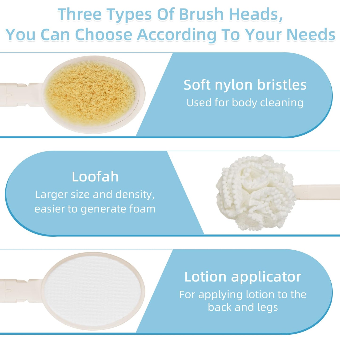 Topfinder Loofah Sponge with Handle,Back Scrubber Brush for Shower, Lotion Applicator for Back,3 in 1 Shower Kit (White loofah)