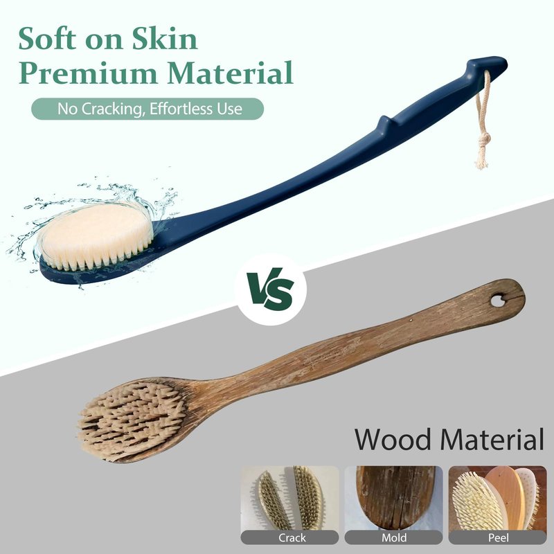 Back Scrubber for Shower, 17-Inch Shower Brush for Men and Women, Long Handle Exfoliating Body Brush, Medium Bristle Stiffness for Dry or Wet Brushing (Navy Blue)