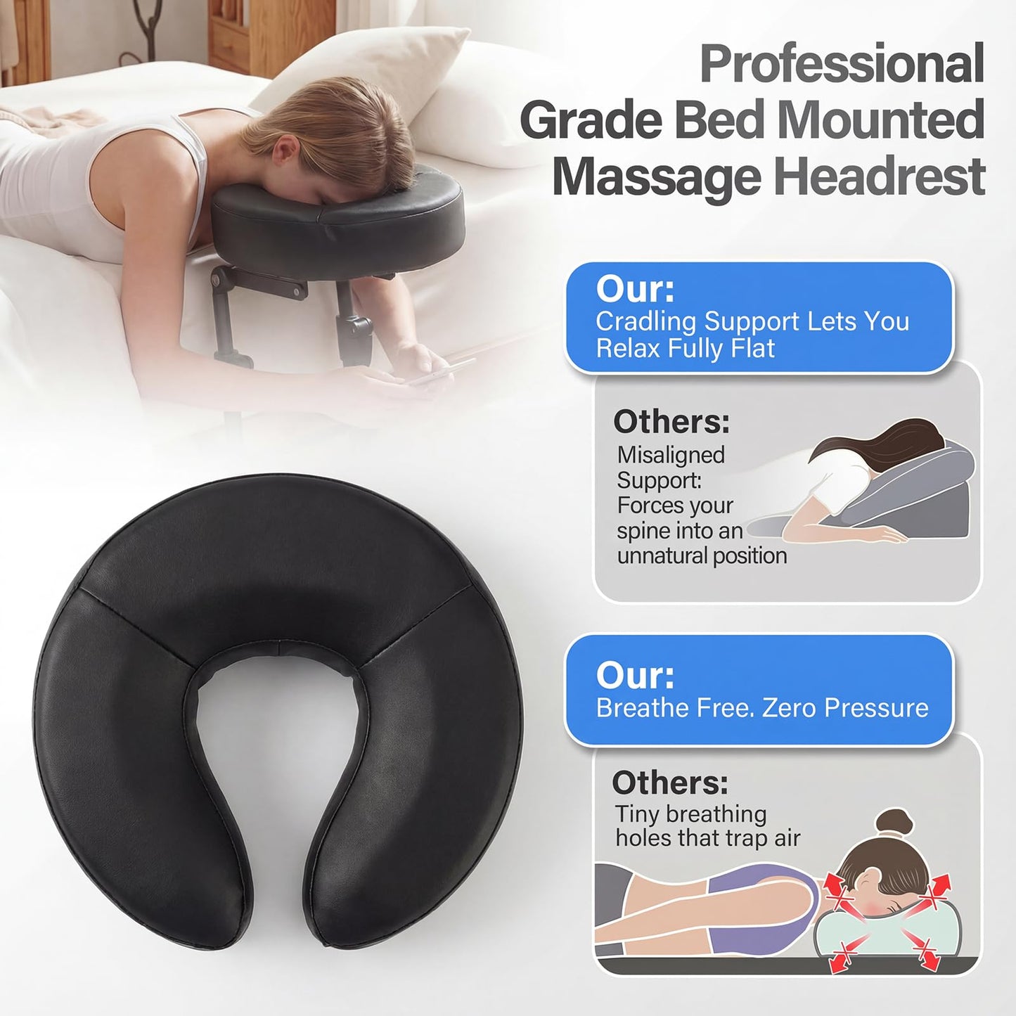 TIMBERHIDE Portable Massage Headrest for Bed, Easy-Install Adjustable Face Cradle with Memory Foam for Couples, Home Spa & Recovery, Fits 6-17” Mattress, Black